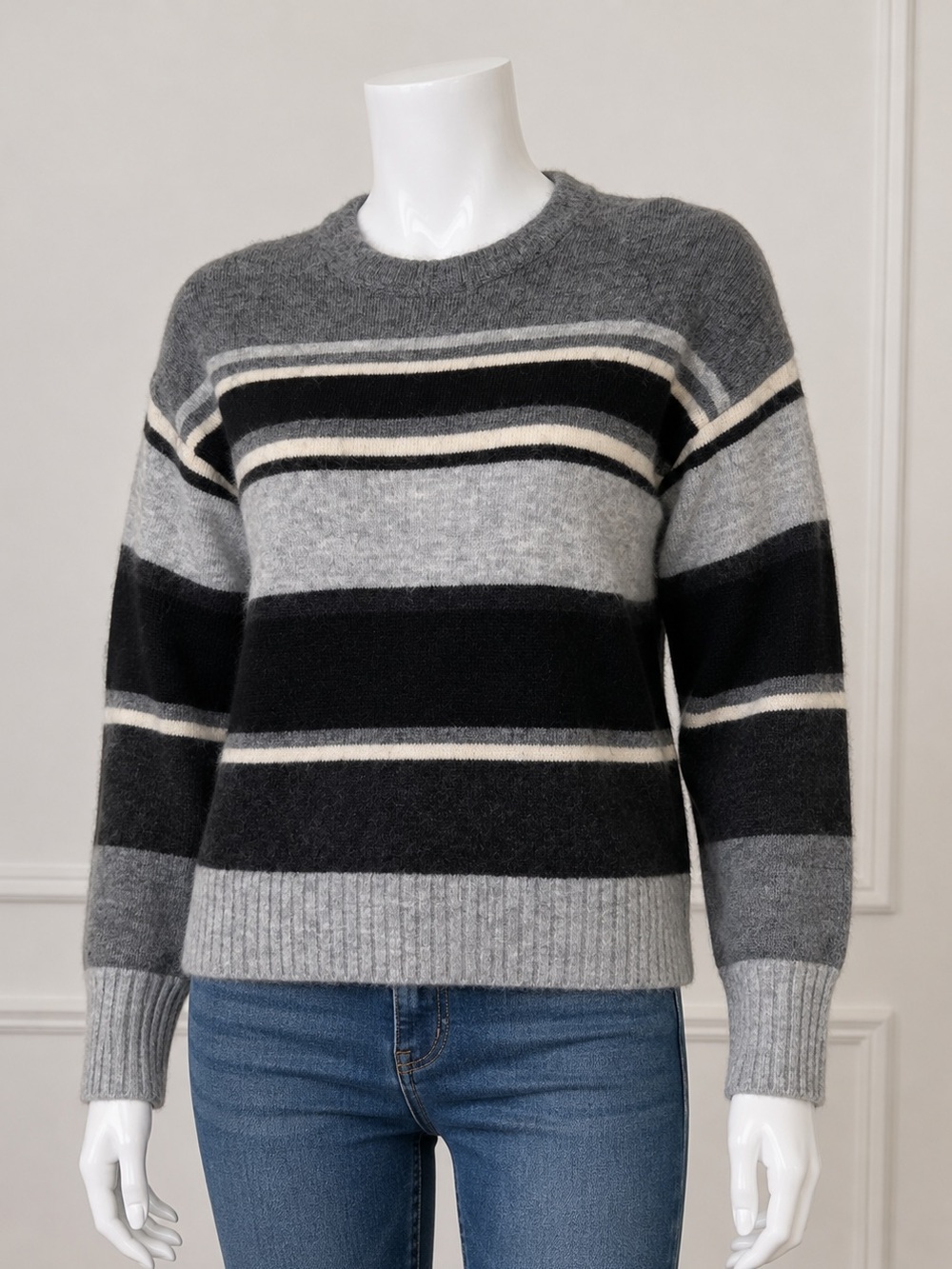 Time and Tru Gray, Black & Cream Striped Crewneck Sweater